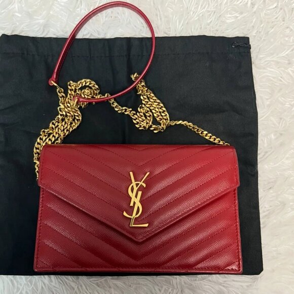 SAINT LAURENT Grain De Poudre Matelasse Chevron Monogram Envelope Chain Wallet i - Picture 1 of 16